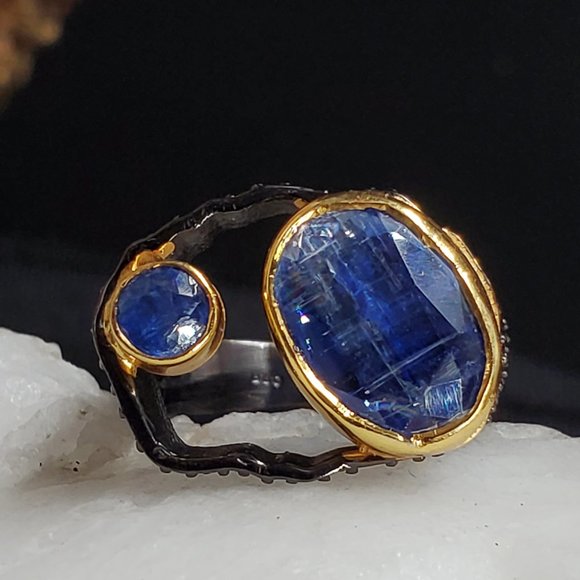 GG Unique Jewelry Jewelry - Solid Silver Ring 925/14K Gold Blue Kyanite
